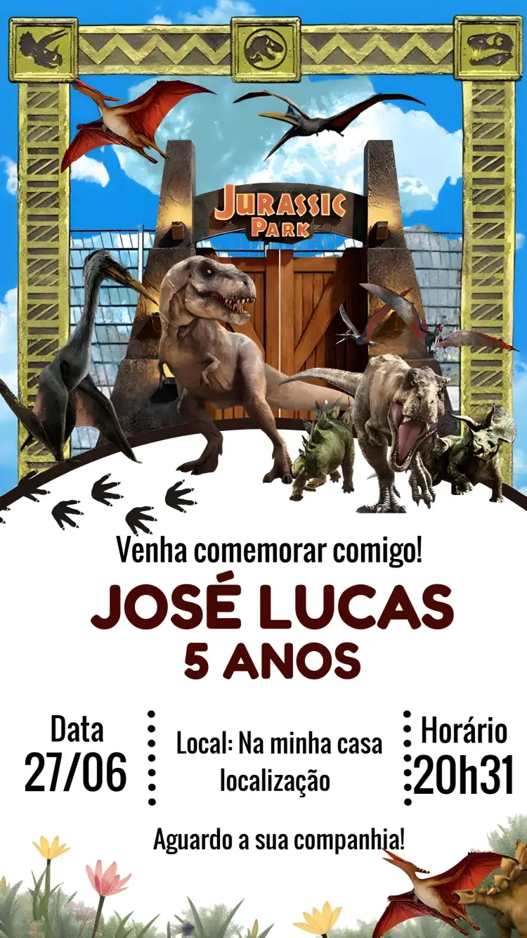 Convite Jurassic Park Rex – tema Aniversário colorido, pré-histórico, divertido, natureza, dinossauros, floral