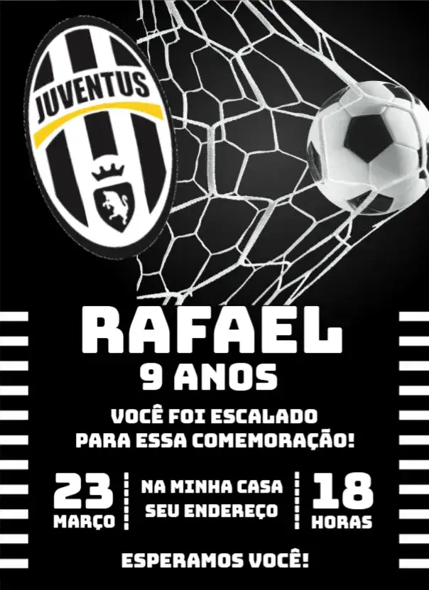 Convite Juventus 1 – tema Aniversário futebol, moderno, vibrante, esportivo, colorido, alegre
