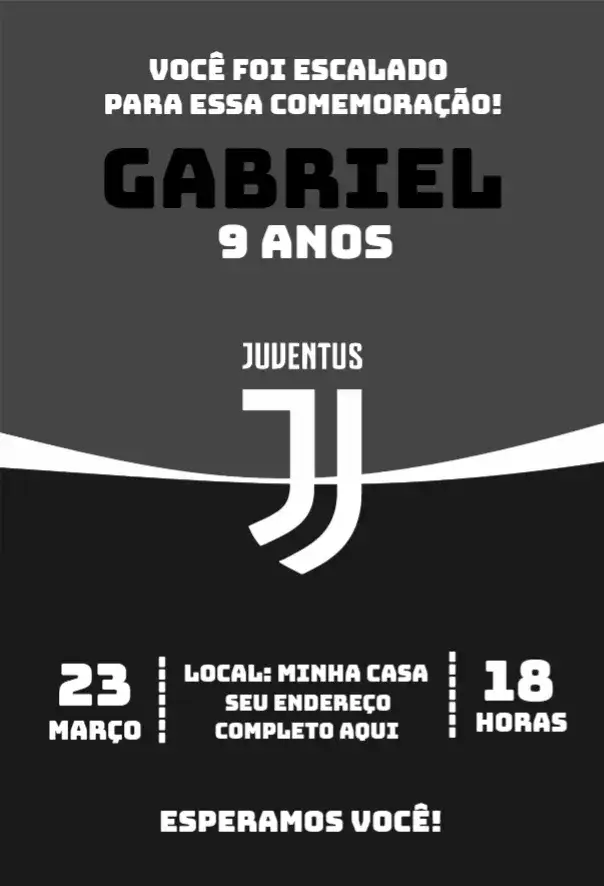Convite Juventus 2 – tema Aniversário futebol, moderno, colorido, dinâmico, esportivo, jovial