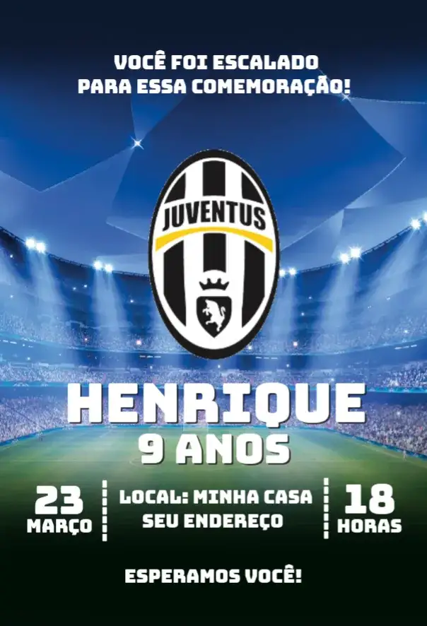Convite Juventus 4 – tema Aniversário futebol, moderno, vibrante, esportivo, colorido, divertido