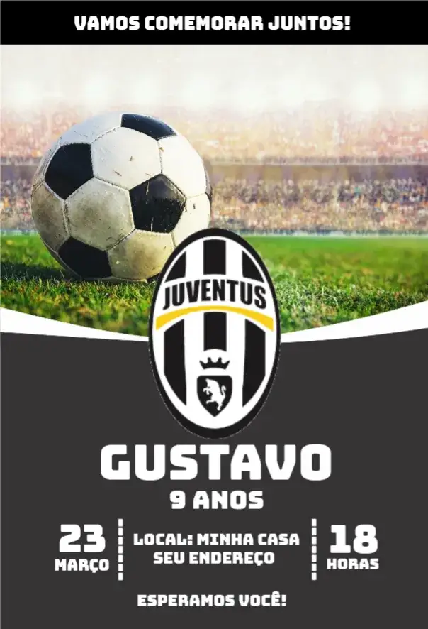 Convite Juventus 5 – tema Aniversário futebol, moderno, vibrante, esportivo, colorido, dinâmico