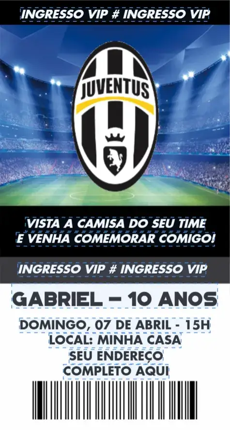 Convite Juventus ingresso – tema Aniversário esportivo, moderno, vibrante, dinâmico, futebol, temático
