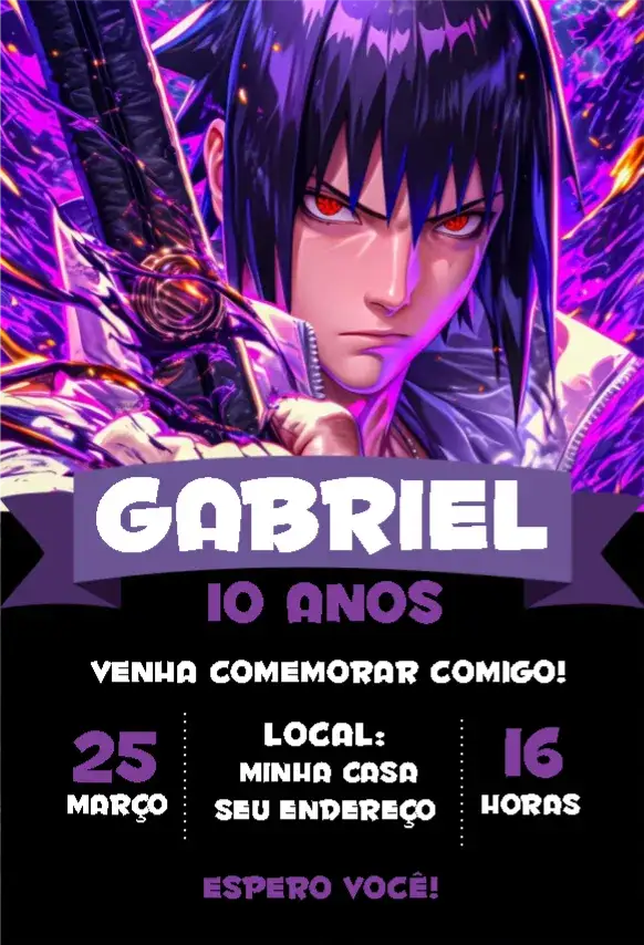 Convite Sasuke 1 – tema Aniversário Infantil anime, personagem masculino, energia