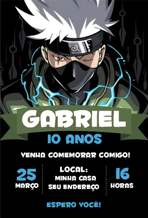 Convite Kakashi 2 – tema Aniversário Infantil temática de anime, cores vivas, estilo moderno, elementos gráficos de aventura, inspirado em Naruto