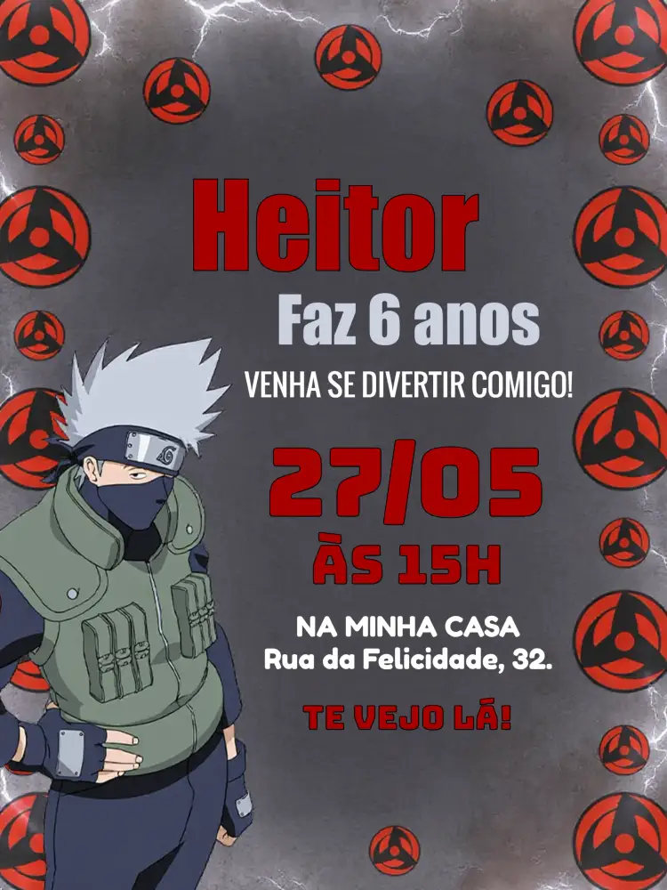 Convite Kakashi Virtual – tema Aniversário Infantil anime, ninja, colorido, divertido, moderno, fantasia