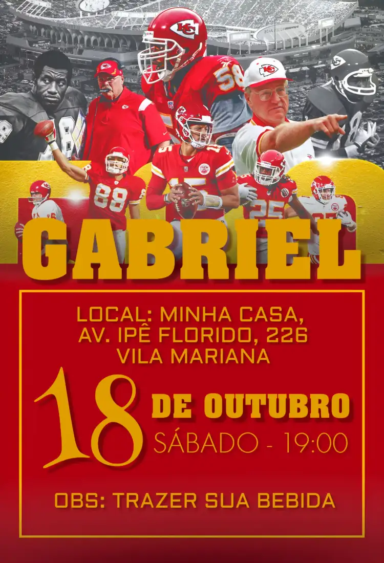 Convite Kansas City Chiefs NFL – tema Aniversário esportivo, vibrante, moderno, colorido, dinâmico