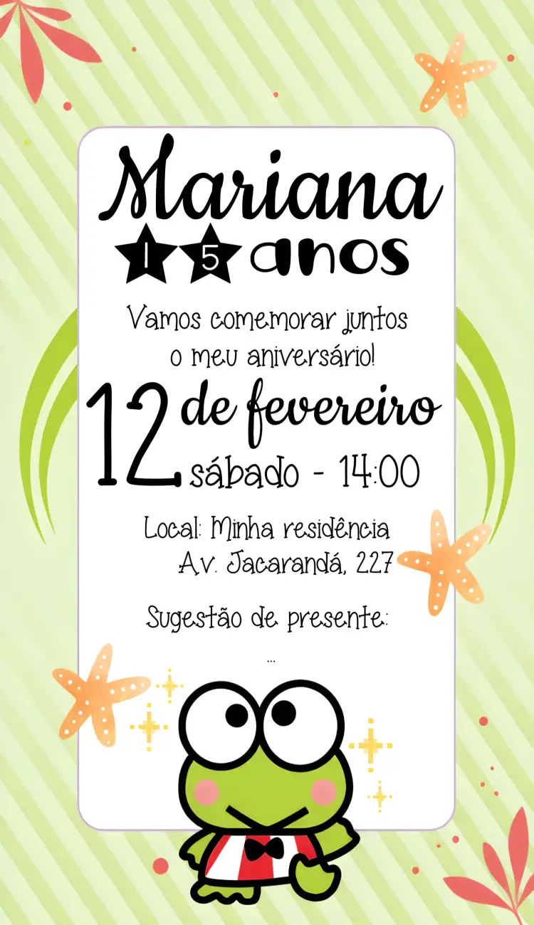 Convite Keroppi Hello Kitty Meldy – tema Aniversário Infantil colorido, lúdico, infantil, divertido, festa temática