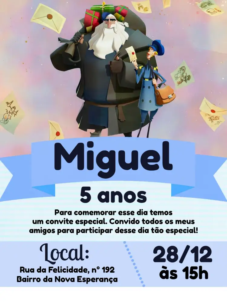 Convite Klaus Carteiro – tema Datas Comemorativas azul, branco, cinza, natalino, divertido, infantil