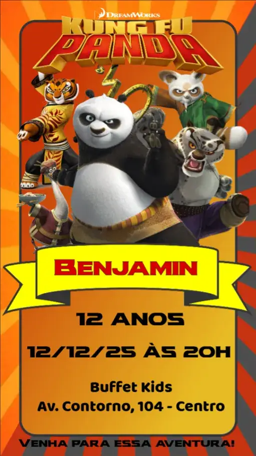 Convite Kung Fu Panda – tema Aniversário Infantil colorido, divertido, temático, dinâmico, aventura, jovial