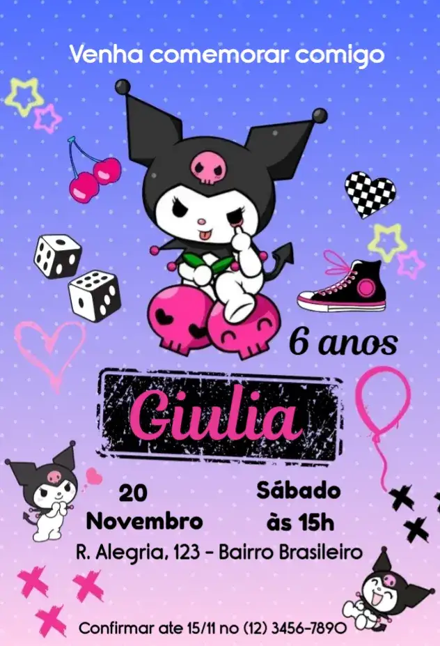 Convite Kuromi – tema Aniversário Infantil personagem, infantil, desenho