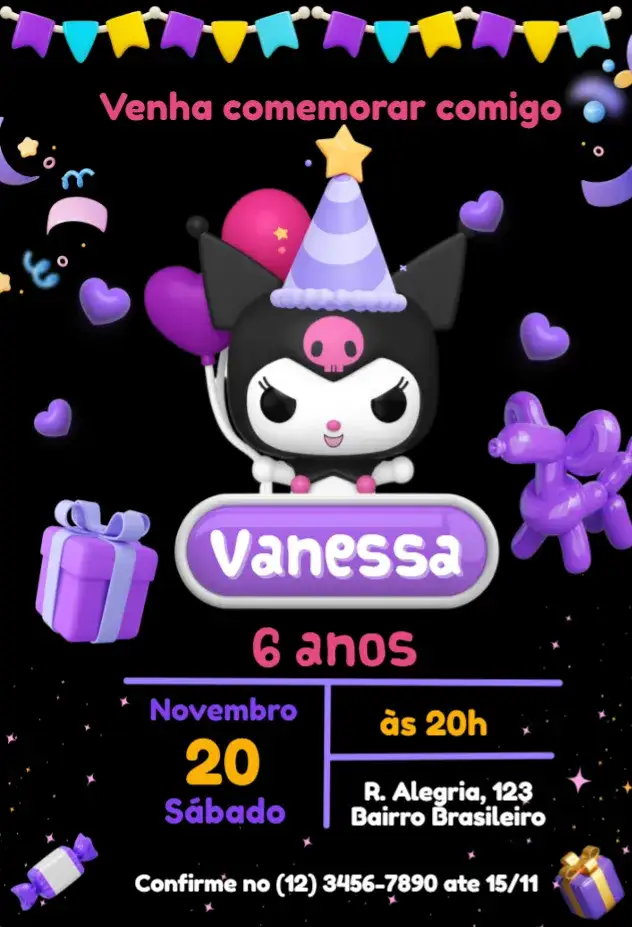 Convite Kuromi 3D – tema Aniversário Infantil colorido, divertido, temático, jovial, ilustrações 3D