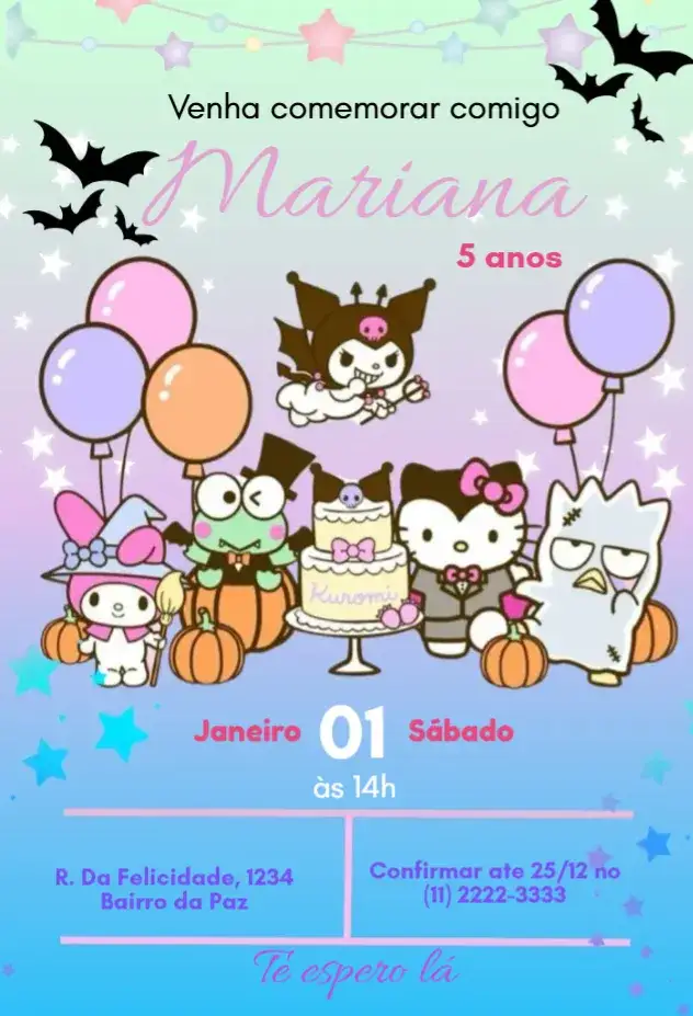 Convite Kuromi aniversário – tema Mais pesquisados rosa, roxo, vampiro, divertido, temático, colorido