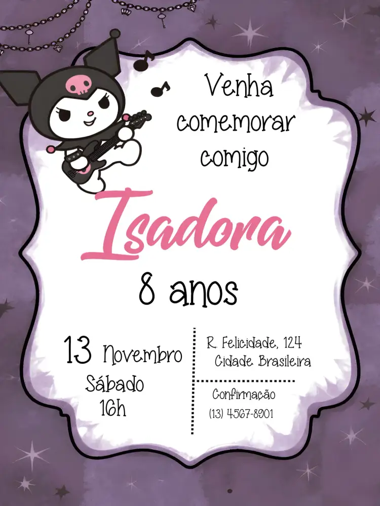 Convite Kuromi Gótica – tema Mais pesquisados gótico, vibrante, temático, moderno, fantasia