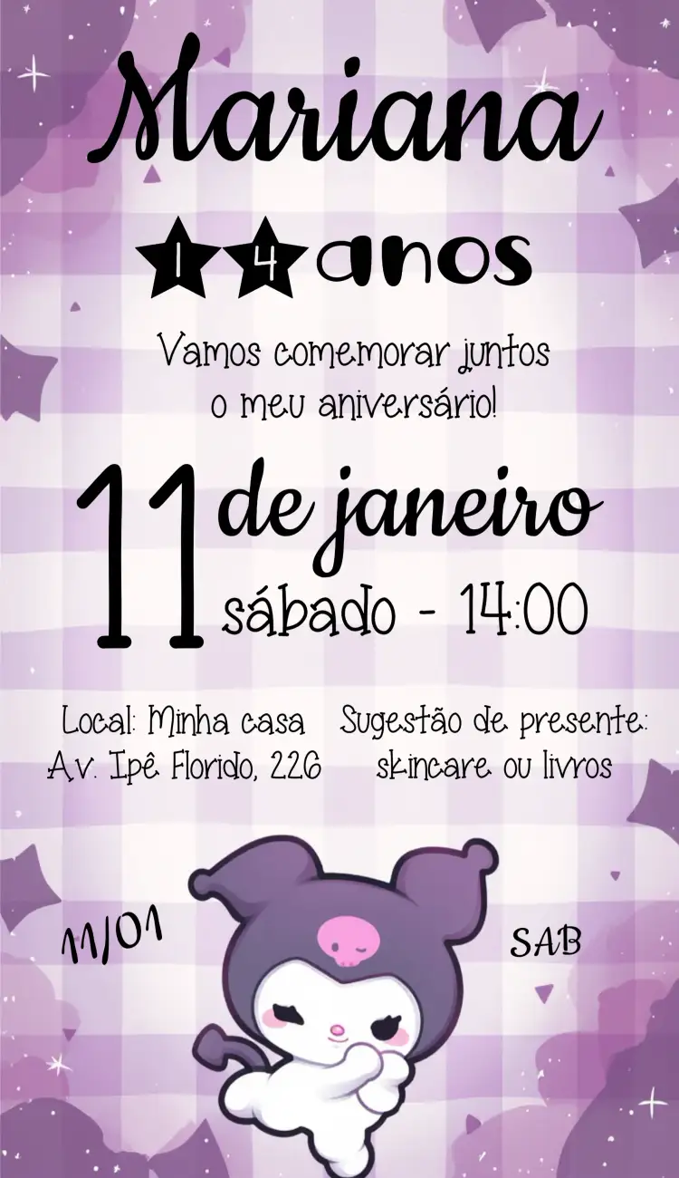 Convite Kuromi Hello Kitty Keroppi – tema Aniversário Infantil cores vibrantes, estilo lúdico, personagens da Sanrio, rosa e verde, ilustrações divertidas