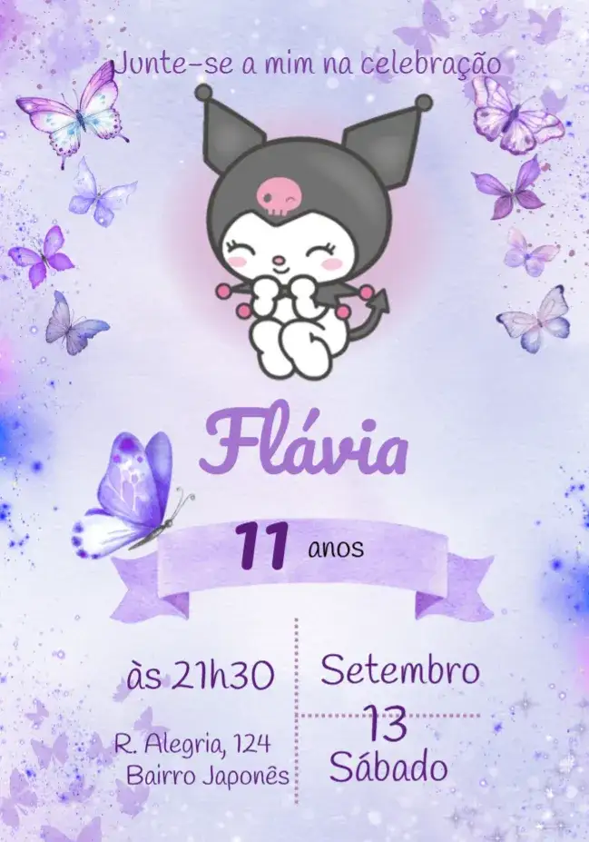 Convite Kuromi Sanrio – tema Mais pesquisados lilás, roxo, aquarela, infantil, divertido, temático