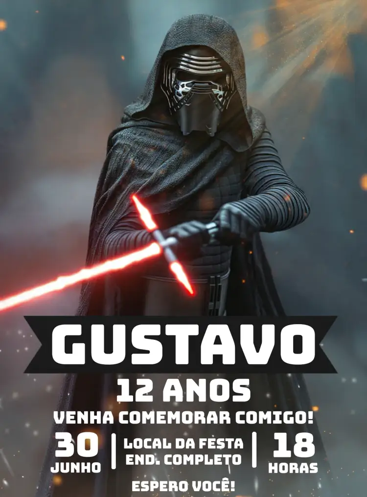 Convite Kylo Ren Star Wars Império – tema Aniversário Infantil preto e branco, futurista, intergaláctico, temática de aventura, sci-fi, moderno