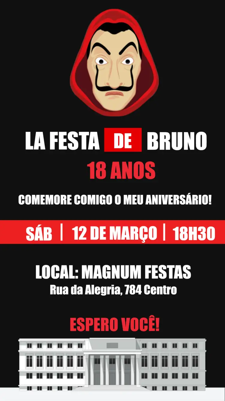 Convite La Casa De Papel Série – tema Chá de Panela estilo moderno, cores vibrantes, elementos gráficos da série, design divertido, inspirado em filmes, temática de festa