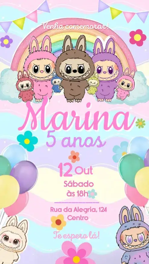 Convite Labubu – tema Aniversário Infantil colorido, pastel, arco-íris, fofo, floral, divertido