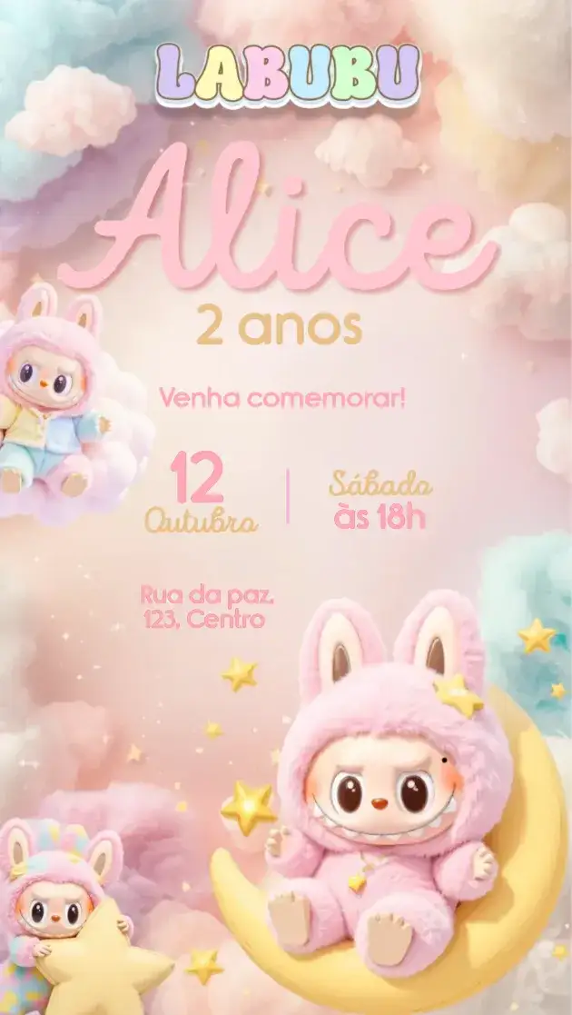 Convite Labubu – tema Aniversário Infantil rosa pastel, lúdico, 3D, nuvens, lua e estrelas, festa infantil