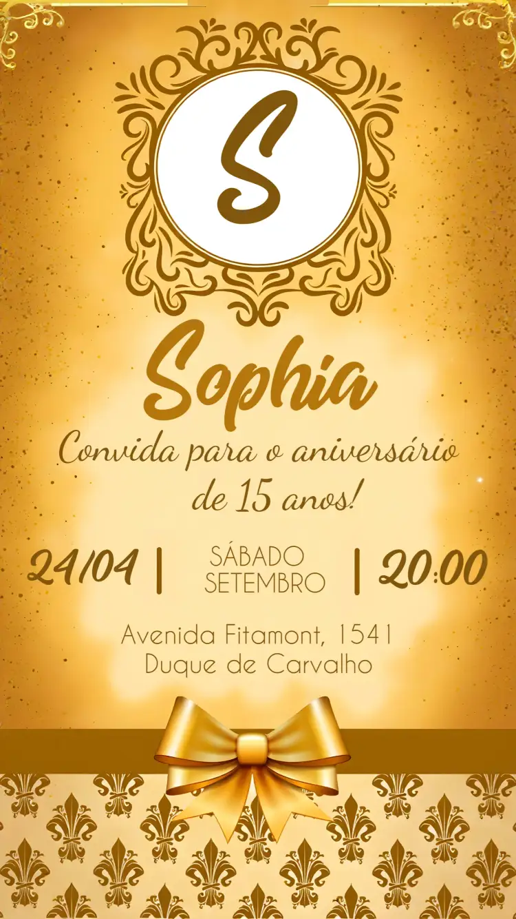 Convite Laço Dourado 15 – tema 15 anos dourado, glitter, elegante, moderno, sofisticado, festivo
