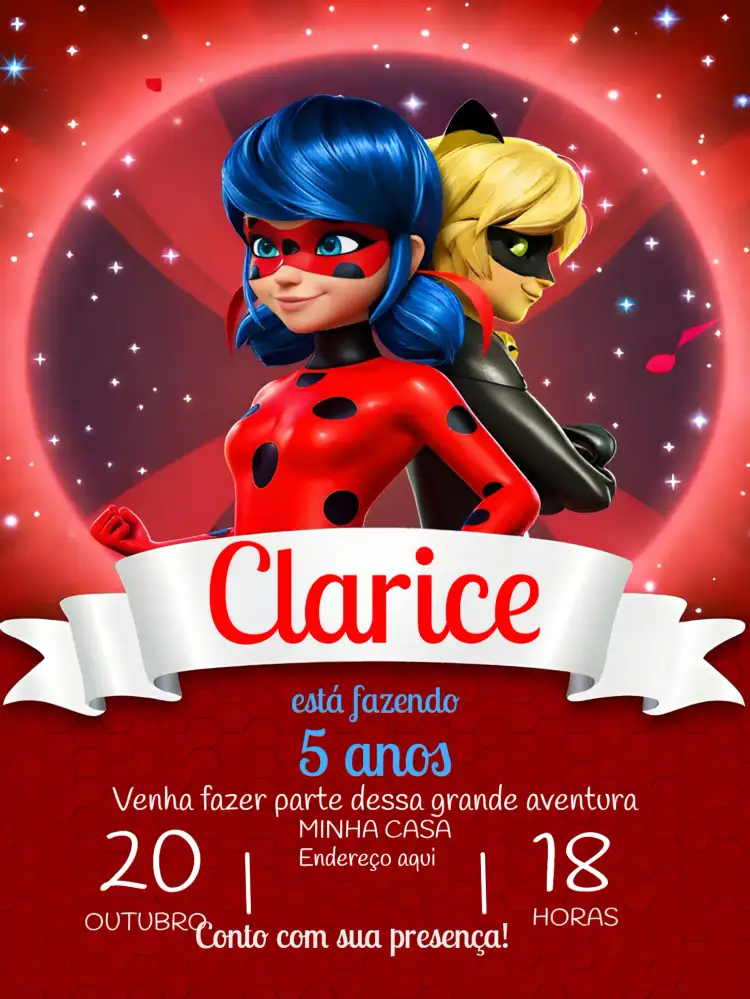 Convite Lady Bug E Cat Noir Miraculous – tema Mais pesquisados vermelho, roxo, branco, preto, colorido, temática de super-heróis
