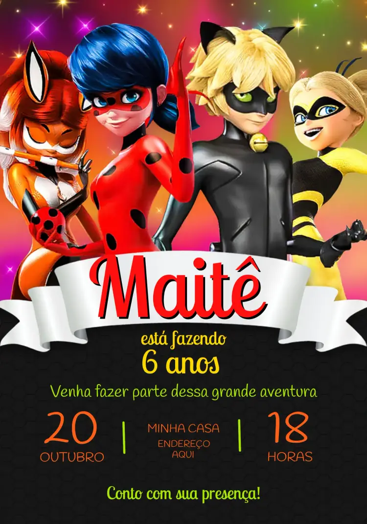 Convite Lady Bug E Cat Noir Roxo