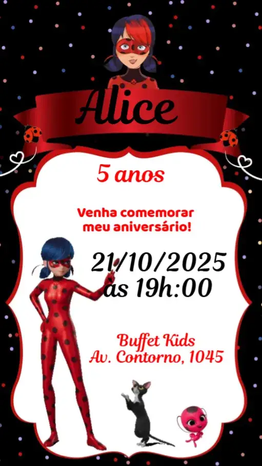 Convite Ladybug – tema Aniversário colorido, divertido, temático, infantil, moderno