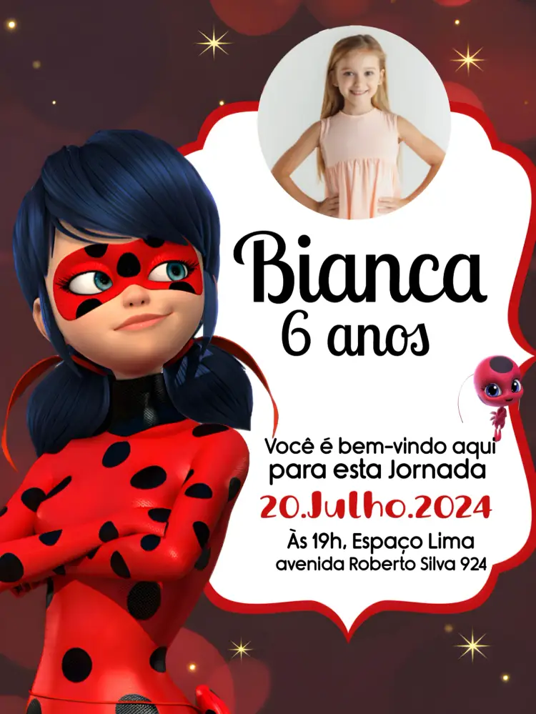 Convite Ladybug Com Foto Preto