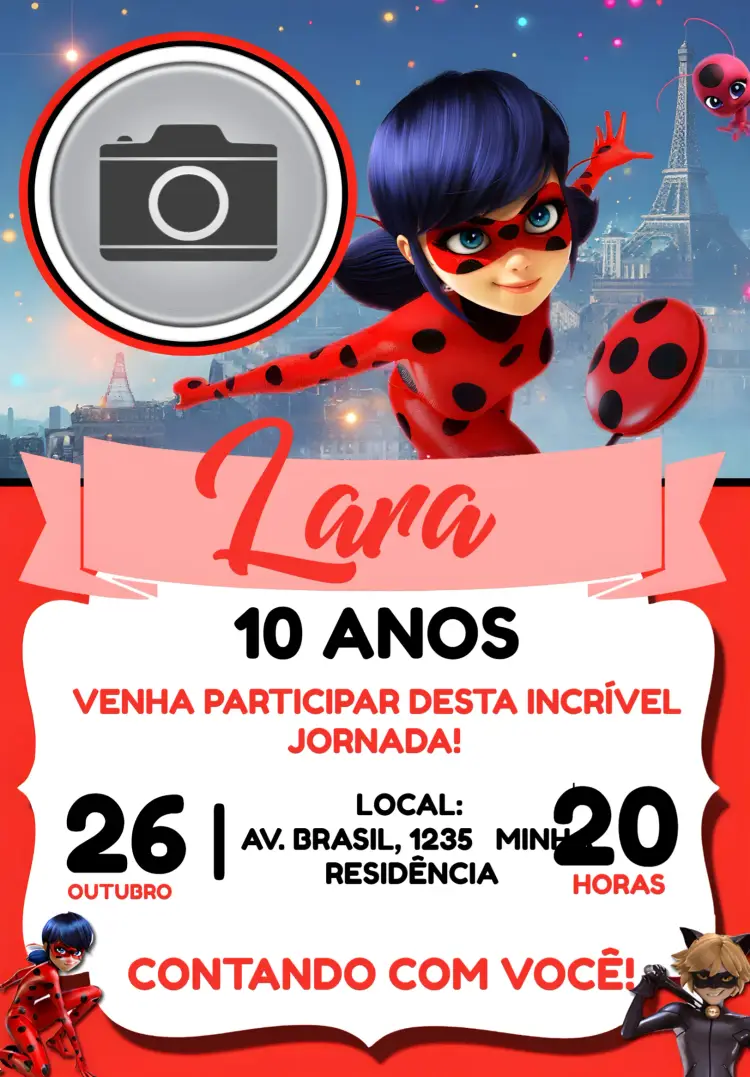 Convite Ladybug Miraculous Com Foto Rosa