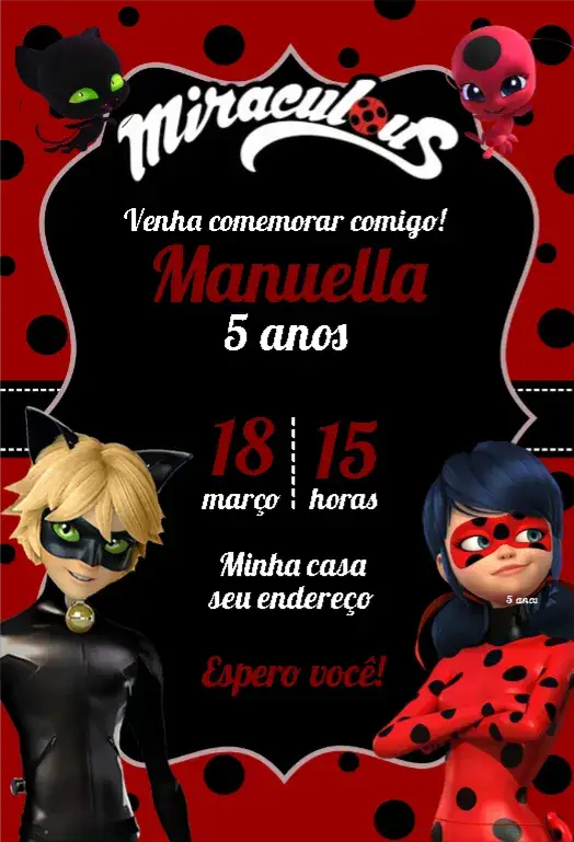 Convite Ladybug Miraraculous – tema Aniversário Infantil vermelho e preto, super-herói, divertido, colorido, infantil, moderno