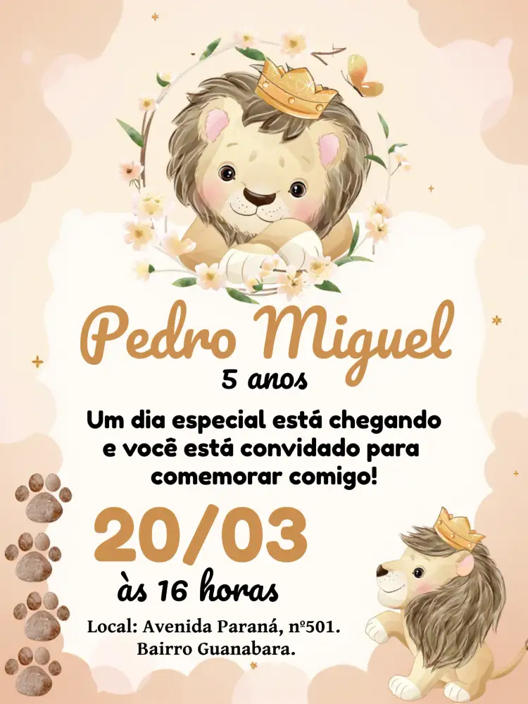 Convite Leãozinho Realeza – tema Aniversário Infantil marrom, preto, animais, safari, realeza