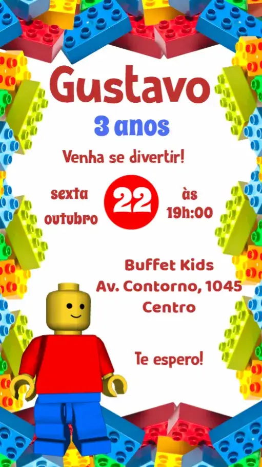 Convite Lego – tema Aniversário Infantil colorido, moderno, divertido, temático, brincalhão, infantil