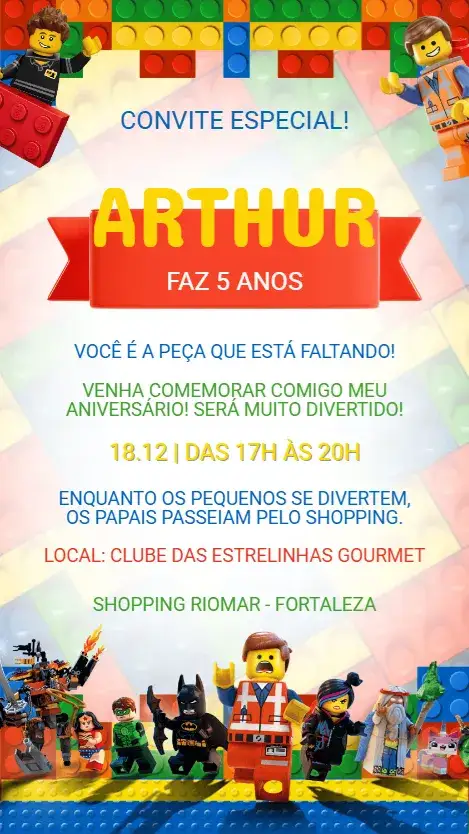 Convite Convite Aniversário Infantil Lego – tema Aniversário Infantil colorido, brinquedos, divertido, lúdico, criativo, moderno