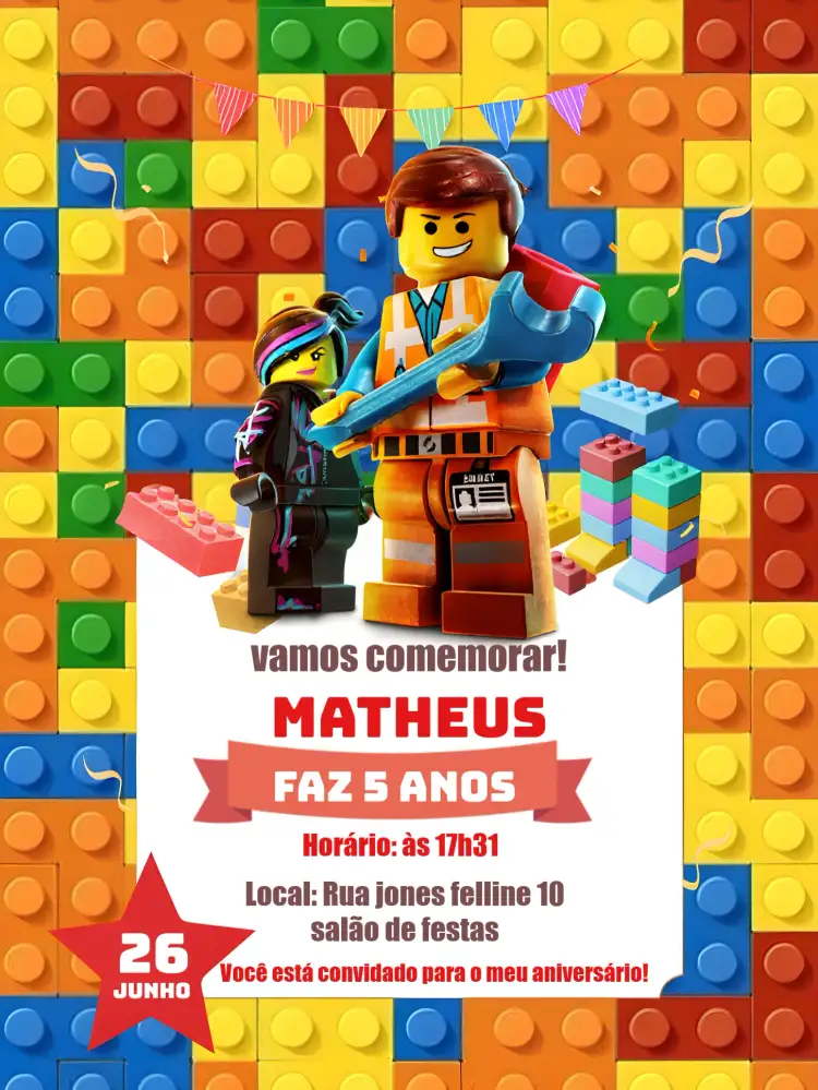 Convite Lego – tema Aniversário Infantil colorido, lúdico, divertido, brinquedos, infantil