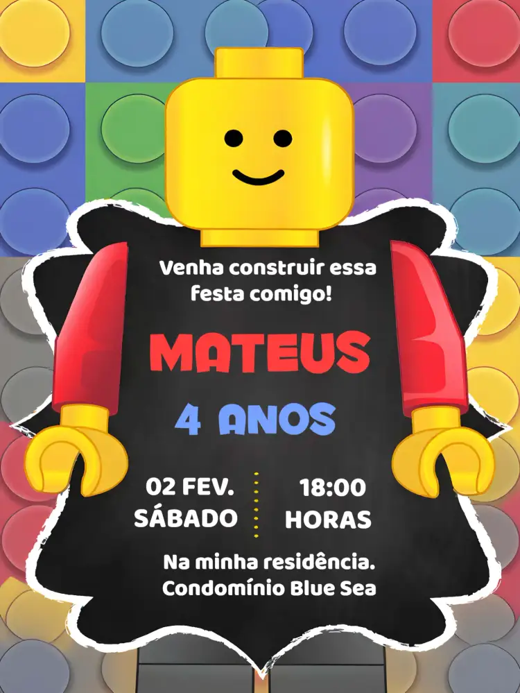 Convite Lego Bloquinhos – tema Mais pesquisados colorido, brinquedo, divertido, infantil, moderno