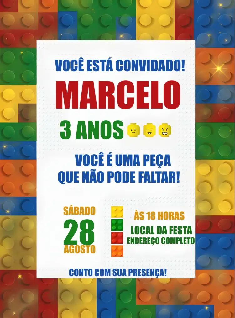 Convite Lego Fazer – tema Mais pesquisados colorido, brinquedos, divertido, moderno, infantil, temático