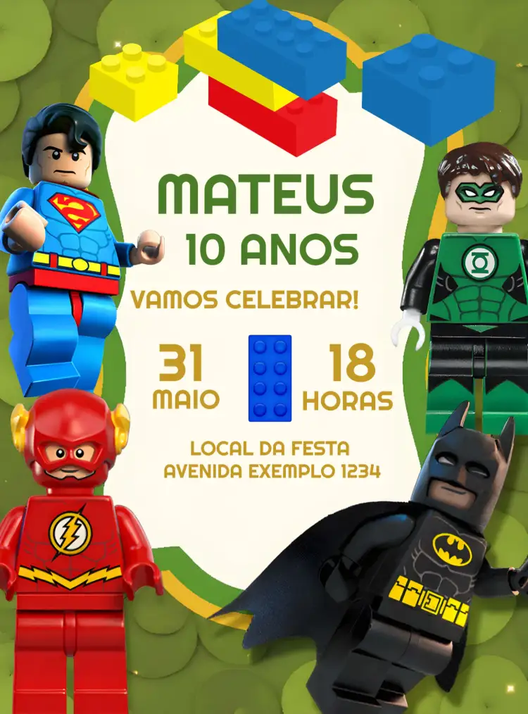 Convite Lego Heróis Homem – tema Mais pesquisados azul, moderno, divertido, temático, infantil