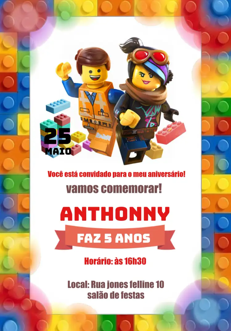 Convite Lego Peças – tema Aniversário Infantil colorido, divertido, brincalhão, infantil, temático