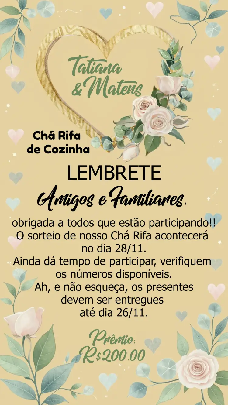 Convite Lembrete Chá Rifa De Cozinha Floral Cartela – tema Chá de Panela floral, rústico, elegante, moderno, colorido, minimalista