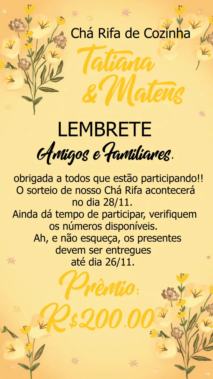 Convite Lembrete Chá Rifa De Cozinha Floral Itens – tema Chá de Panela floral, amarelo, marrom, branco, moderno, alegre