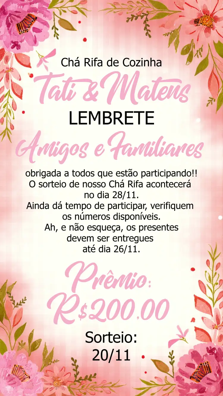 Convite Lembrete Chá Rifa De Cozinha Floral Noivos – tema Chá de Panela floral, rosa, marsala, moderno, elegante, romântico