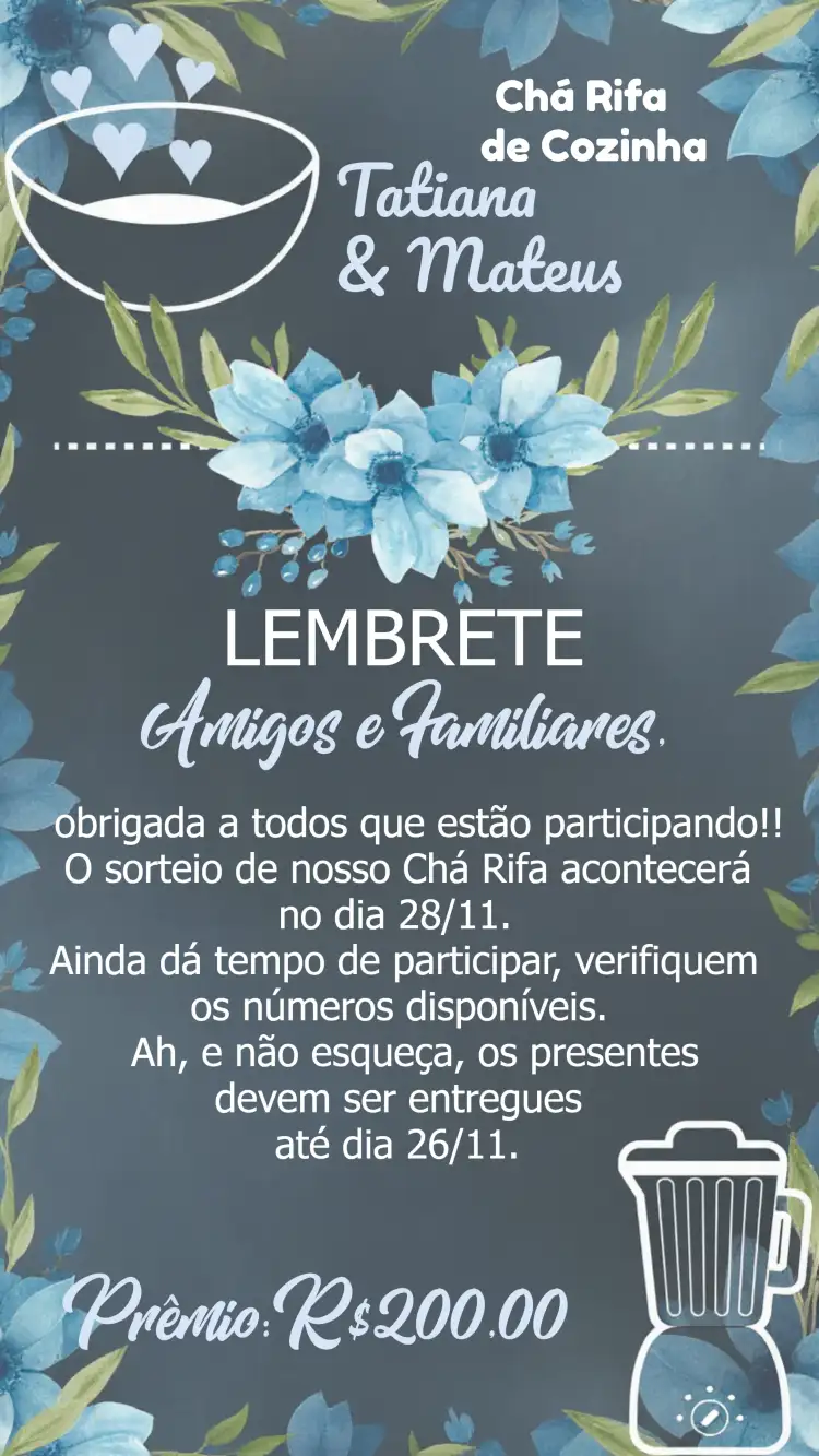 Lembrete Chá Rifa De Cozinha Floral Quadro Negro Presente