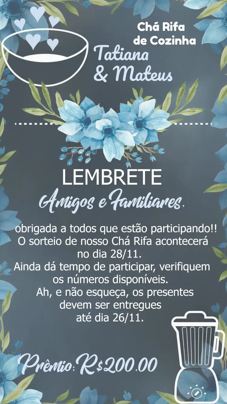 Convite Lembrete Chá Rifa De Cozinha Floral Quadro Negro Presente – tema Chá de Panela floral, quadro negro, moderno, rústico, elegante