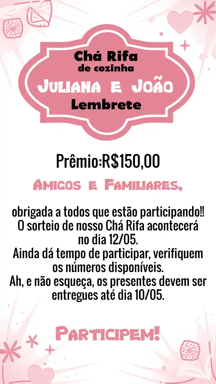 Lembrete Chá Rifa De Cozinha Rosa Lousa