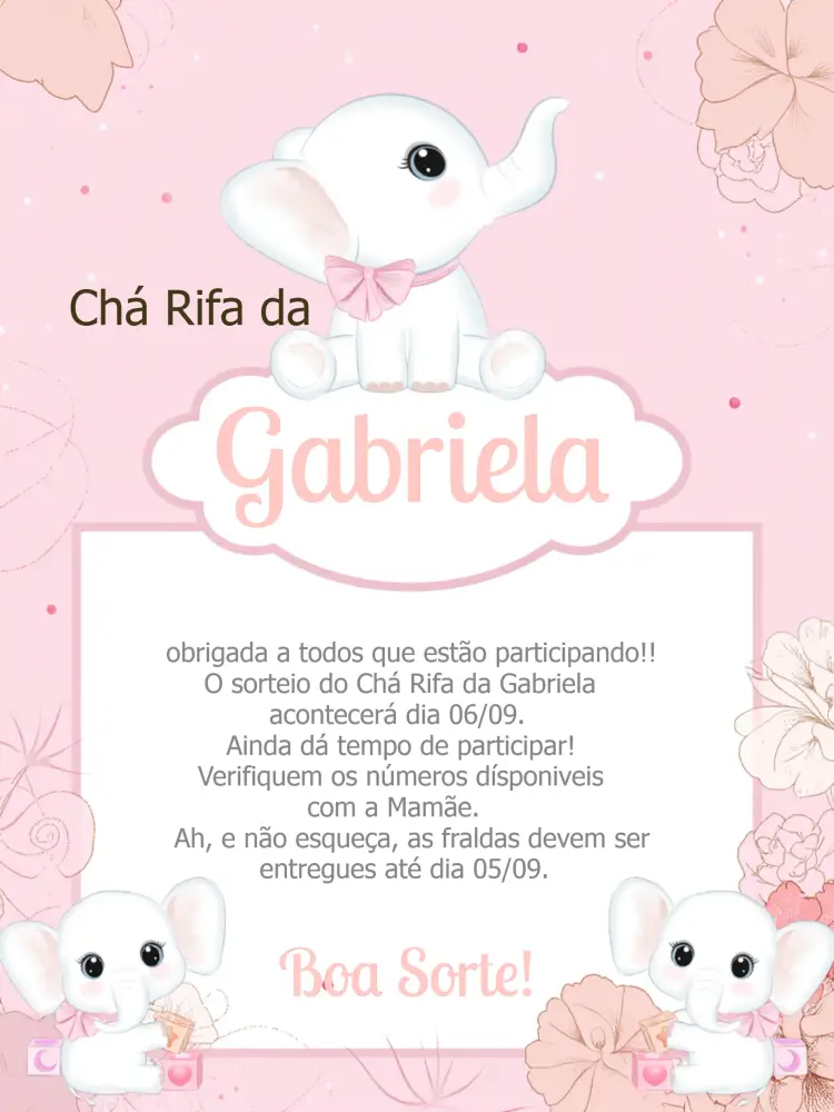 Convite Lembrete Chá Rifa Elefantinha Floral