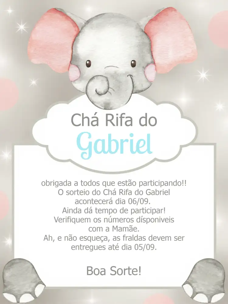 Lembrete Chá Rifa Elefantinho Bebe