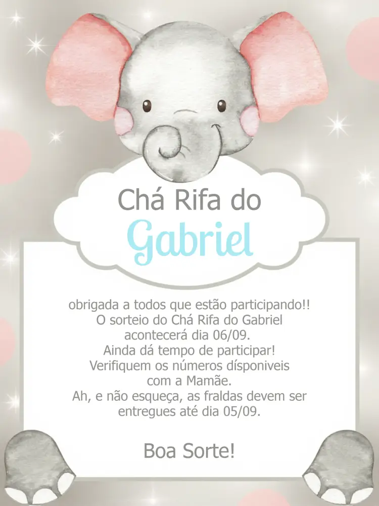 Convite Lembrete Chá Rifa Elefantinho Bebe