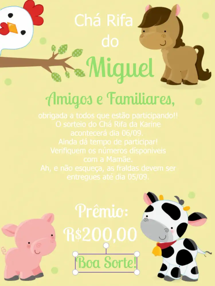 Convite Lembrete Chá Rifa Fazendinha Verde – tema Chá Rifa rústico, fazendinha, verde, animais, divertido, infantil