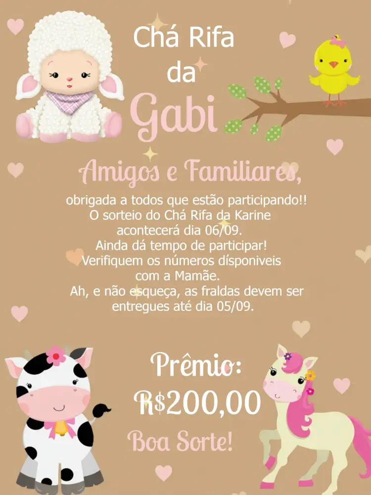 Convite Lembrete Chá Rifa Fazendinha Cha – tema Chá Rifa fazenda, animais, vibrante, colorido, rústico, divertido