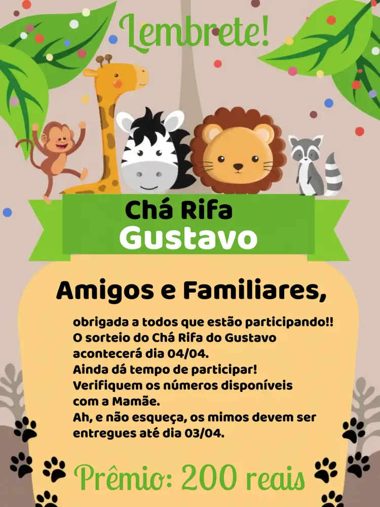 Convite Lembrete Chá Rifa Safari Laranja – tema Chá Rifa safari, animais, vibrante, divertido, moderno, colorido